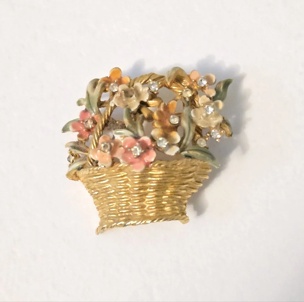 Vintage Signed BSK My Fair Lady Brooch Flower Basket Gold Tone Enamel Rhinestone